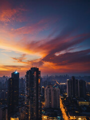Urban Sunset Skyline, Abstract Cityscape with Heavenly Twilight Sky.