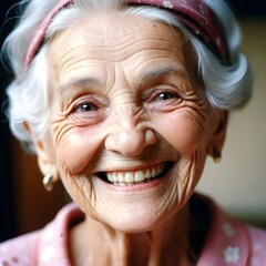 Elderly woman with white hair and a huge smile.