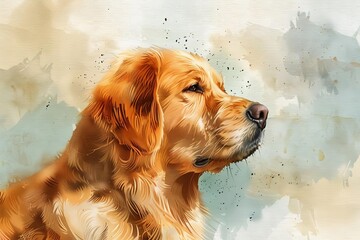 Enhance the realism of this golden retriever portrait by adding fur texture, details, and a splash of watercolor. Make it lifelike!