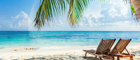 A beach scene with two lounge chairs and a palm tree