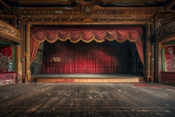 An empty stage with vibrant red curtains and a polished wooden floor, awaiting performers for a theatrical production