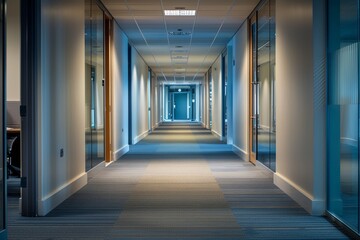 A long hallway in a modern office building leading to the entrance area with a focus on the perspective towards the end