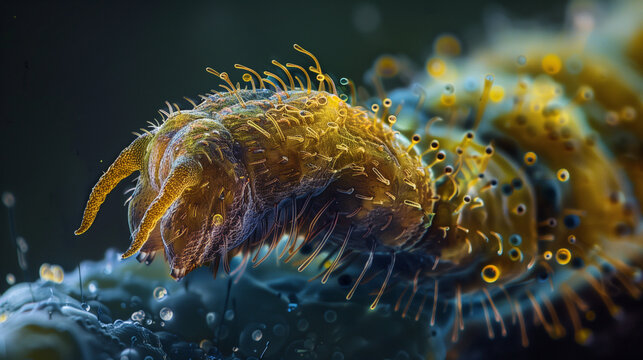 A vivid color image captured through the lens of a powerful microscope, revealing the intricate details of a Demodex blepharitis mite. The mite's anatomy is prominently displayed