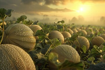 A field of ripe cantaloupes glows in the early morning sun