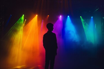 A person standing on an empty stage with vibrant colored lights shining in the background