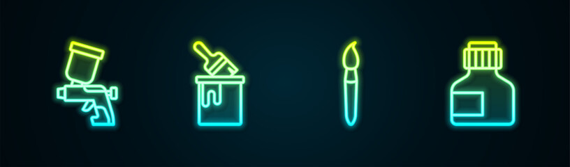 Set line Paint spray gun, bucket with brush, and Paint, gouache, jar, dye. Glowing neon icon. Vector © Kostiantyn