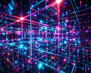 Obraz premium Dense 3D matrix of neon strings, glowing intensely on a pitch-black background.