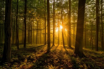 Sunlight filters through dense trees in forest, creating a magical golden hue