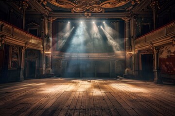 An empty theater stage under soft spotlights, highlighting the wooden floor. The scene conveys anticipation and readiness for a performance