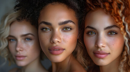 Three Beautiful Women with Freckles and Different Blond Hair Styles, An eye-catching and diverse image of women, perfect for advertising beauty
