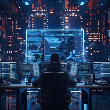 Cybersecurity hub scene with a hacker at work, neon interfaces.