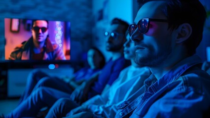 Group watching TV in dark room suspenseful scene with man in sunglasses. Concept Suspenseful Movie Night, Dark Room Setting, Man in Sunglasses, Group Watching TV, Thrilling TV Scene