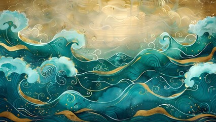 Whimsical ocean waves painting with teal gold swirls for childrens book. Concept Children's Book, Ocean Waves, Whimsical Painting, Teal Gold Swirls, Illustration