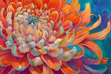 Vibrant chrysanthemum with shades of red, orange, yellow, and green petals. The edges of the petals are highlighted with light blue. The background is dark blue.