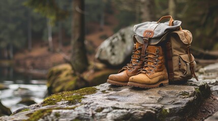 A backpack and hiking boots, symbolizing readiness for outdoor exploration and adventure