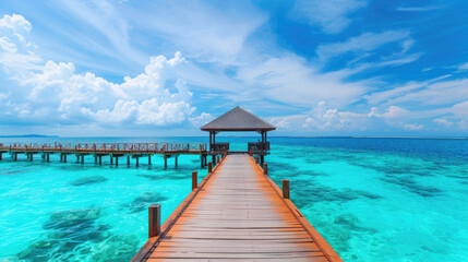 A wooden pier with a small hut on it