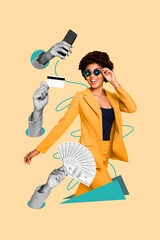 Vertical photo collage of american businesswoman wear sunglass yellow suit credit card money iphone...