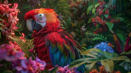 Obraz premium A stunningly vibrant Scarlet Macaw parrot sits regally amidst a lush tropical garden filled with an explosion of colorful flowers