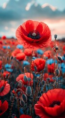 Vibrant Red Poppy Blossom in Macro View. Serene Countryside Landscape with Burst of Life. 4K Wallpaper