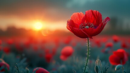 Obraz premium Vibrant Red Poppy Blossom in Macro View. Serene Countryside Landscape with Burst of Life. 4K Wallpaper