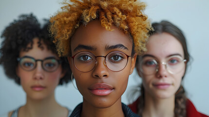 Three Girls in Glasses Posing Together in the Style of Pop Colorism