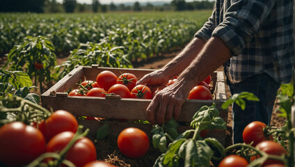 A person is harvesting tomatoes from a field into a wooden crate. They are wearing a plaid shirt and the crate is almost full of ripe red tomatoes. There are tomato plants with green leaves all throug - obrazy, fototapety, plakaty