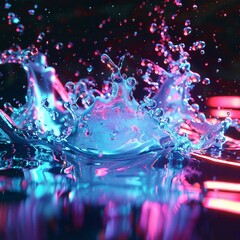 HD photo of a water splash, infused with neon dyes, dramatic motion.