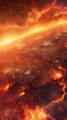 Illustration, Earth scorched by sun, vibrant fire hues.