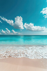 A beautiful beach scene with a blue sky and white clouds