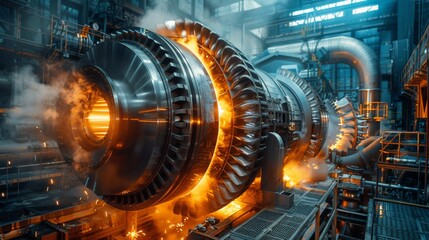 Fototapeta na wymiar A real photo shot depicting the operation of turbines driven by high-pressure steam, converting thermal energy into mechanical energy