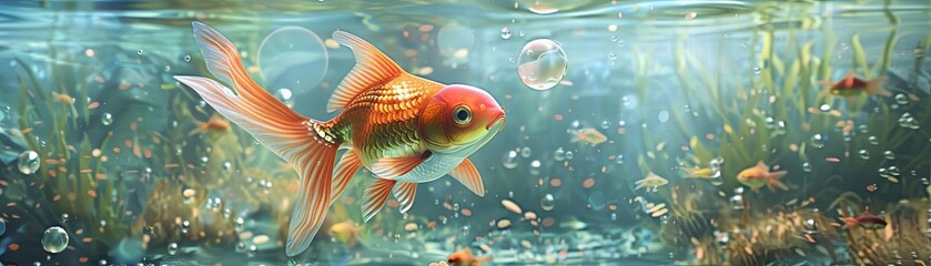 Fototapeta premium A beautiful orange goldfish swims gracefully through a crystal clear pond, surrounded by vibrant green plants and colorful bubbles.