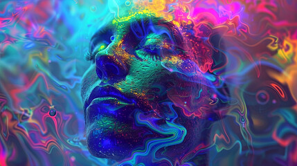 Explore the captivating visual of a person's profile immersed in a psychedelic swirl of vibrant