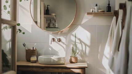 A bathroom with a white sink and a mirror. The mirror is round and has a shelf above it. There are several bottles and a vase on the shelf. A potted plant is on the counter next to the sink