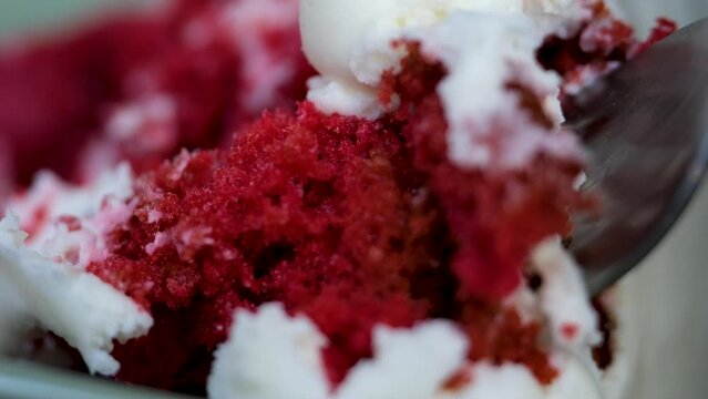 Red cake with cream and raspberry flavor, piece of sweet dessert red cake with berries