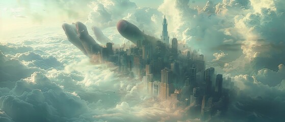 A giant hand reaching out from the clouds, gently picking up a city and placing it in another location