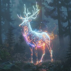 Mythical creature, enchanted forest, magical aura, advanced civilization, virtual reality symbols.