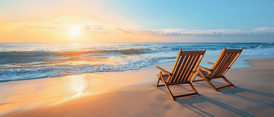 Two beach chairs are facing the ocean, with the sun setting in the background