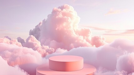 Pastel scene with pink podium in the sky, cloud surround, 3D product stand.