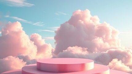 Pastel pink podium in the sky, cloud-dotted backdrop, 3D product showcase.