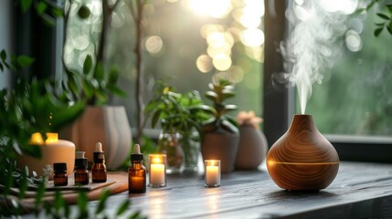 A collection of essential oils and aromatherapy diffuser, promoting relaxation and stress relief - obrazy, fototapety, plakaty