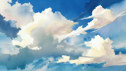 Watercolor background with white bright clouds on deep blue sky
