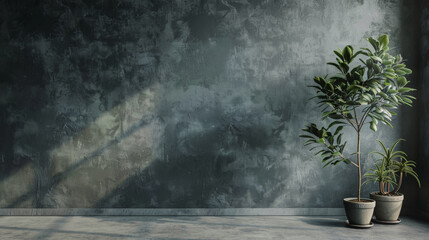 A large wall with a window and a plant in a pot. The wall is made of concrete and has a grey color. The plant is a small tree and is placed in a pot. The room is empty and has a minimalist design