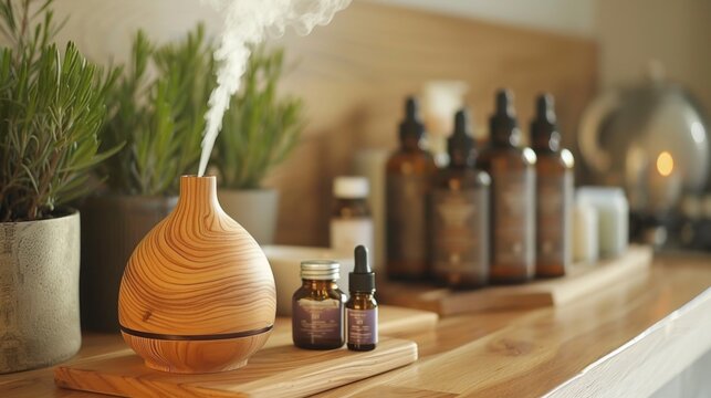 A wooden shelf with a diffuser and several bottles of essential oils