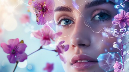 Close-up of a serene woman face, overlaid with digital graphics amidst vibrant spring blooms.