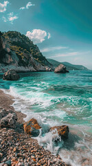 A beautiful beach with a rocky shoreline and a large body of water