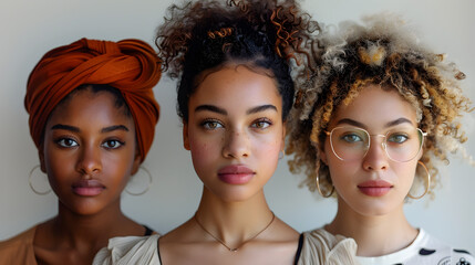 Three Women with Diverse Hair Styles and Colors in Soft-focused Realism and Impressionist Colorism Style