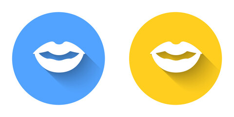 White Smiling lips icon isolated with long shadow background. Smile symbol. Circle button. Vector
