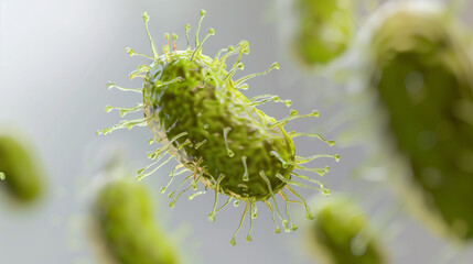 Naklejka premium A close-up image of a single microbe isolated on a white background, with a shallow depth of field highlighting its intricate details. The blurred background enhances the focus on the microbe