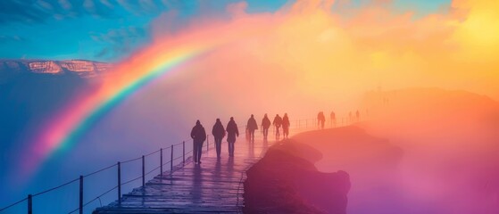 A rainbow that forms a bridge between two distant mountains, allowing people to walk across the sky