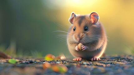 A cute mouse is sitting on a rock in the forest. The mouse is holding a nut in its paws and looking at the camera. The background is blurry and out of focus.